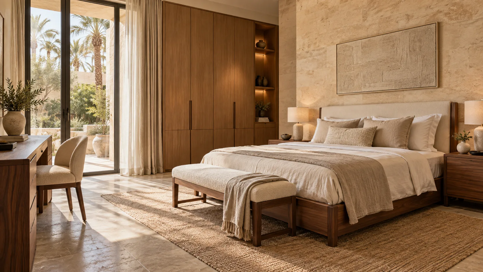 Generated concept of a guest room with custom wood bed and wardrobes