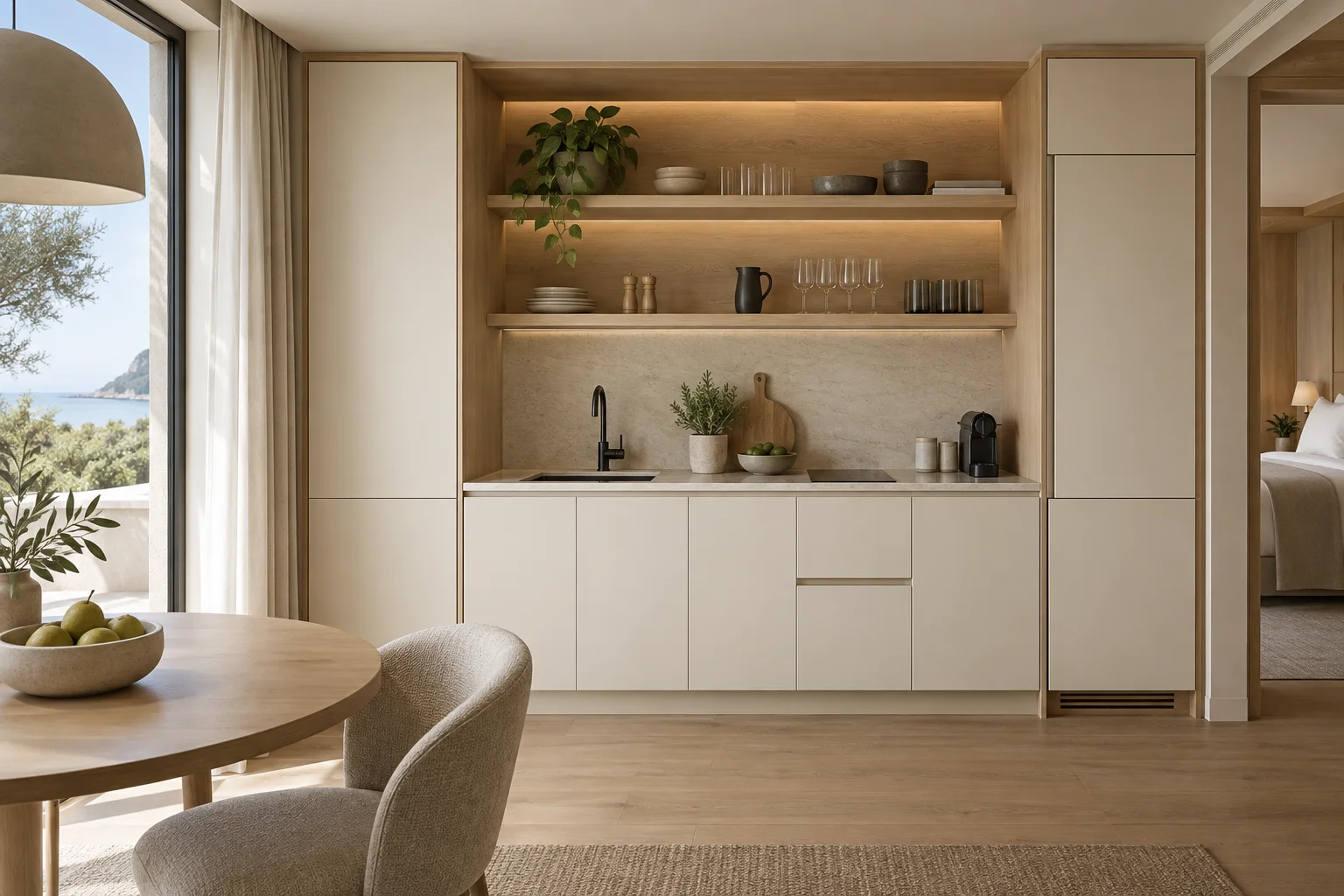 مطبخ ضيافة مدمج بخزائن فاتحة