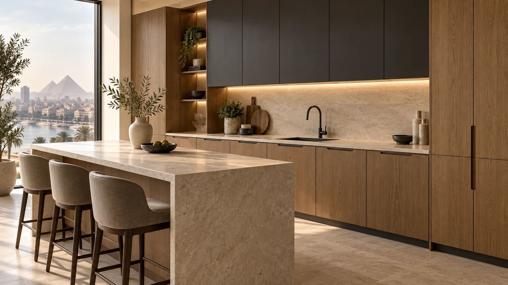 Generated concept of wood and charcoal kitchen cabinetry with stone details